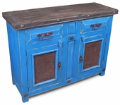 Blue Painted Wood Buffet with Embossed Tin Panel Doors