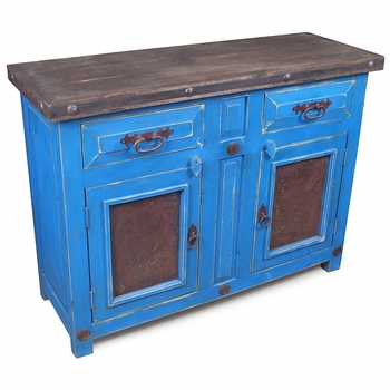 Blue Painted Wood Buffet with Embossed Tin Panel Doors