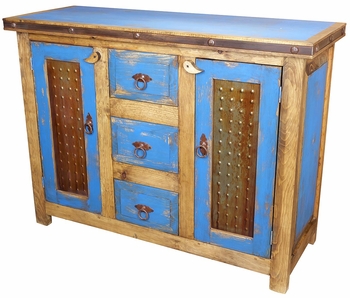 Blue Painted Wood Buffet with Iron Panel Doors