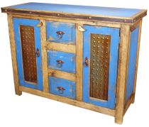 Blue Painted Wood Buffet with Iron Panel Doors