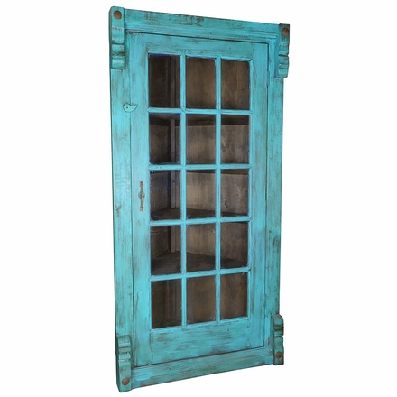 Blue Painted Wood Corner Bookcase with Glass Door
