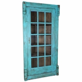 Blue Painted Wood Corner Bookcase with Glass Door