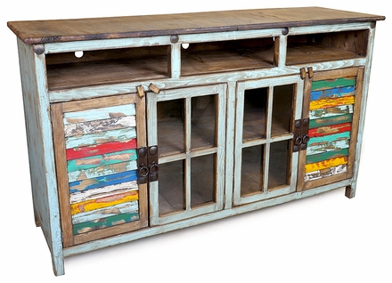 Blue Painted Wood TV Console with Glass and Multi-Color Slat Doors - 60
