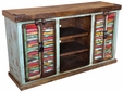 Blue Patina Rustic Wood TV Console with Multi-Color Slat Doors