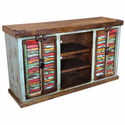 Blue Patina Rustic Wood TV Console with Multi-Color Slat Doors