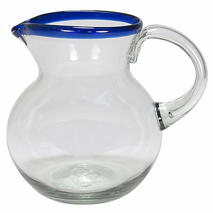 Blue Rimmed Hand Blown Glass Pitcher