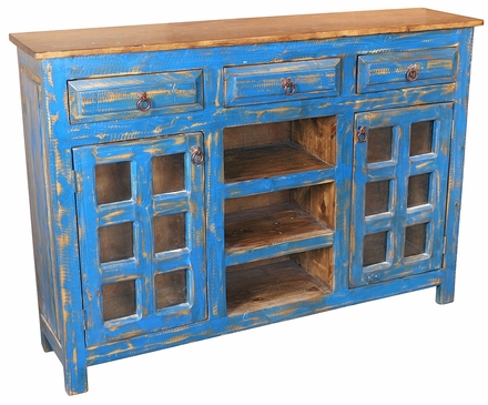 Blue Rustic Painted Wood Sideboard Buffet with Glass Panel Doors