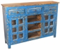 Blue Rustic Painted Wood Sideboard Buffet with Glass Panel Doors