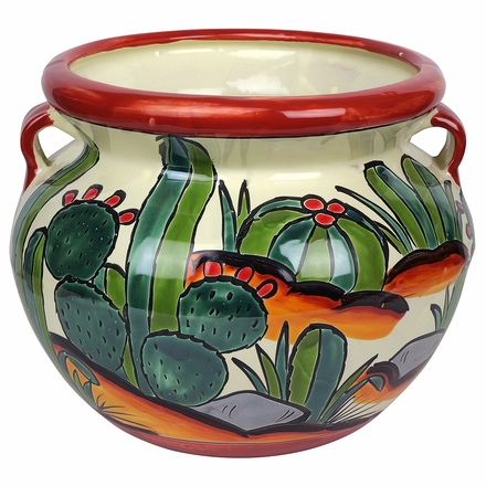 Cactus Scene Talavera Handled Flower Pot