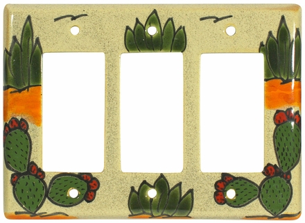 Cactus Triple Rocker Switch Cover - Mexican Talavera