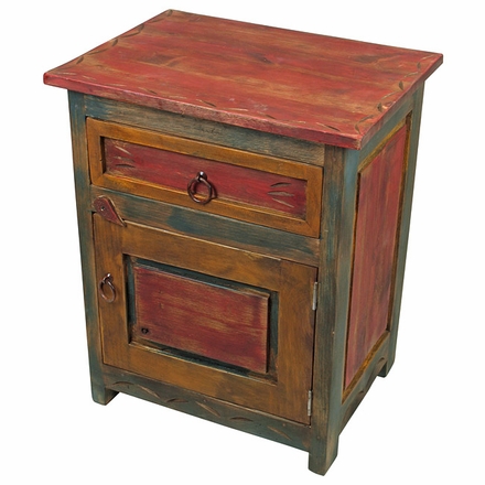 Carved Mexican Painted Wood Nighstand - 1 Door and 1 Drawer