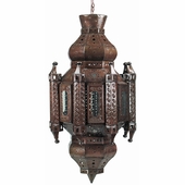 Cathedral Aged Tin and Glass Hanging Light Fixture