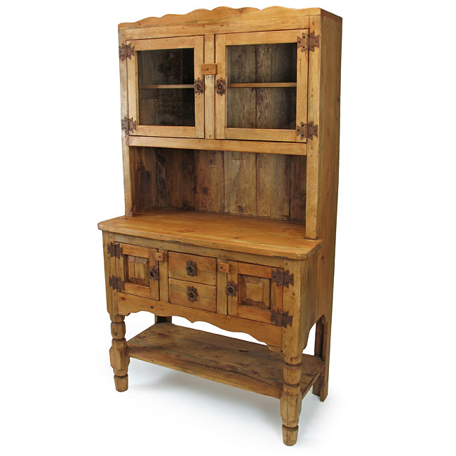 Country Rustic Pine Kitchen Hutch with Glass