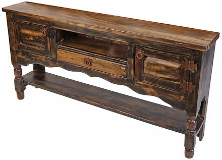 Dark Rustic Wood Turned Leg Buffet Table with 2 Doors, 1 Drawer and Shelf