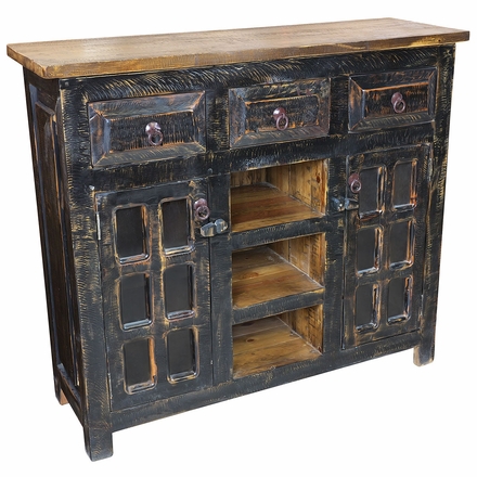 Distressed Black Painted Wood Buffet with Glass Panel Doors