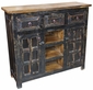 Distressed Black Painted Wood Buffet with Glass Panel Doors