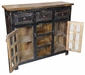Distressed Black Painted Wood Buffet with Glass Panel Doors