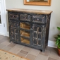 Distressed Black Painted Wood Buffet with Glass Panel Doors