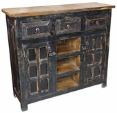 Distressed Black Painted Wood Buffet with Glass Panel Doors