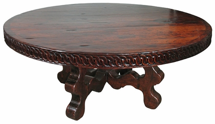 Distressed Mesquite Carved Round Dining Table with Curvy Base
