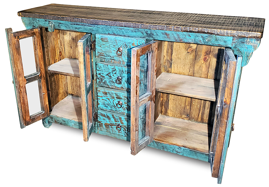Distressed Turquoise Painted Wood Buffet - 2 Doors - 4 Drawers