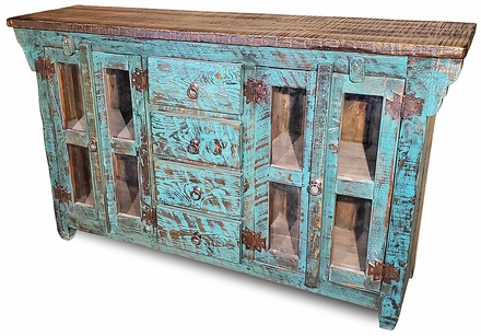 Distressed Turquoise Painted Wood Buffet - 2 Doors - 4 Drawers