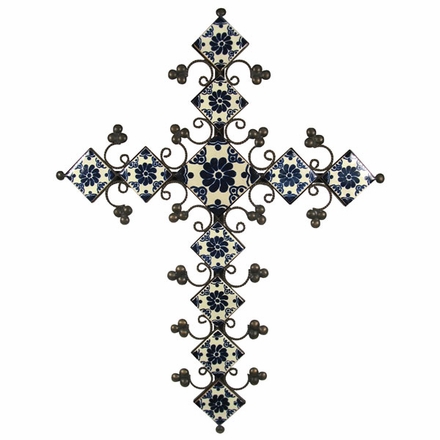 Elaborate Blue & White Talavera Tile Iron Cross