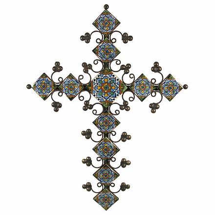 Elaborate Multi-Color Talavera Tile Iron Cross