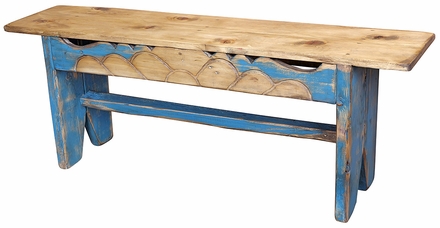 Etched Blue Painted Wood Bench