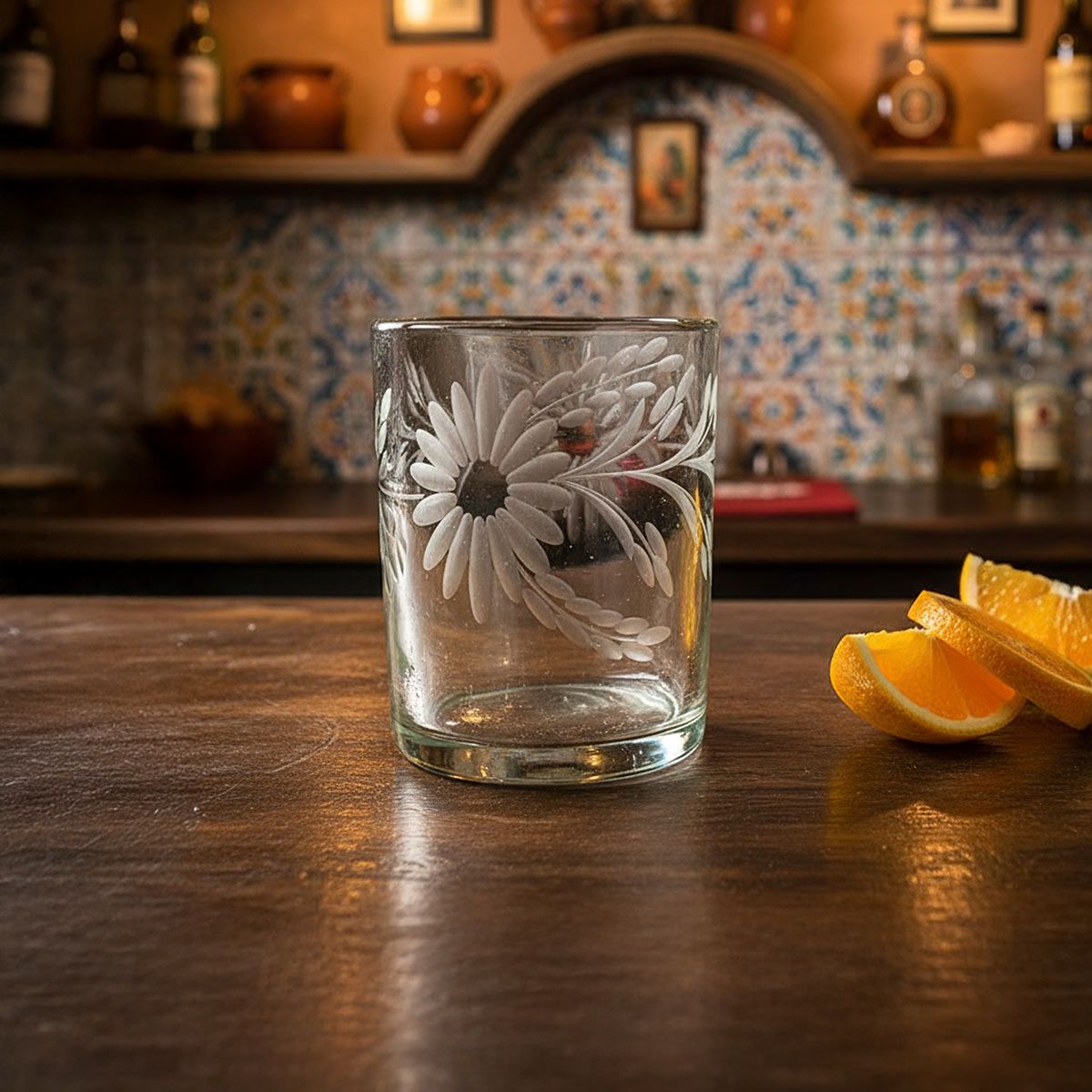 Etched Floral Mexican Rocks Glass - Clear - Set of 4