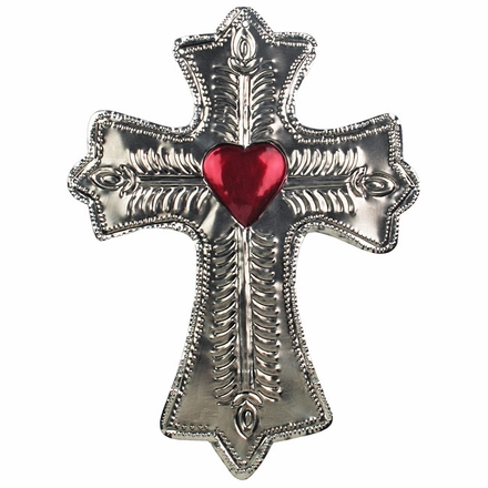 Etched Mexican Tin Cross with Heart
