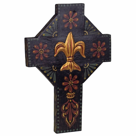 Fleur de Lis Dark Painted Wood Cross
