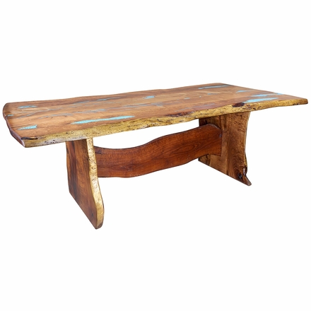 Free Form Mesquite Dining Table with Turquoise Inlay - 7 ft