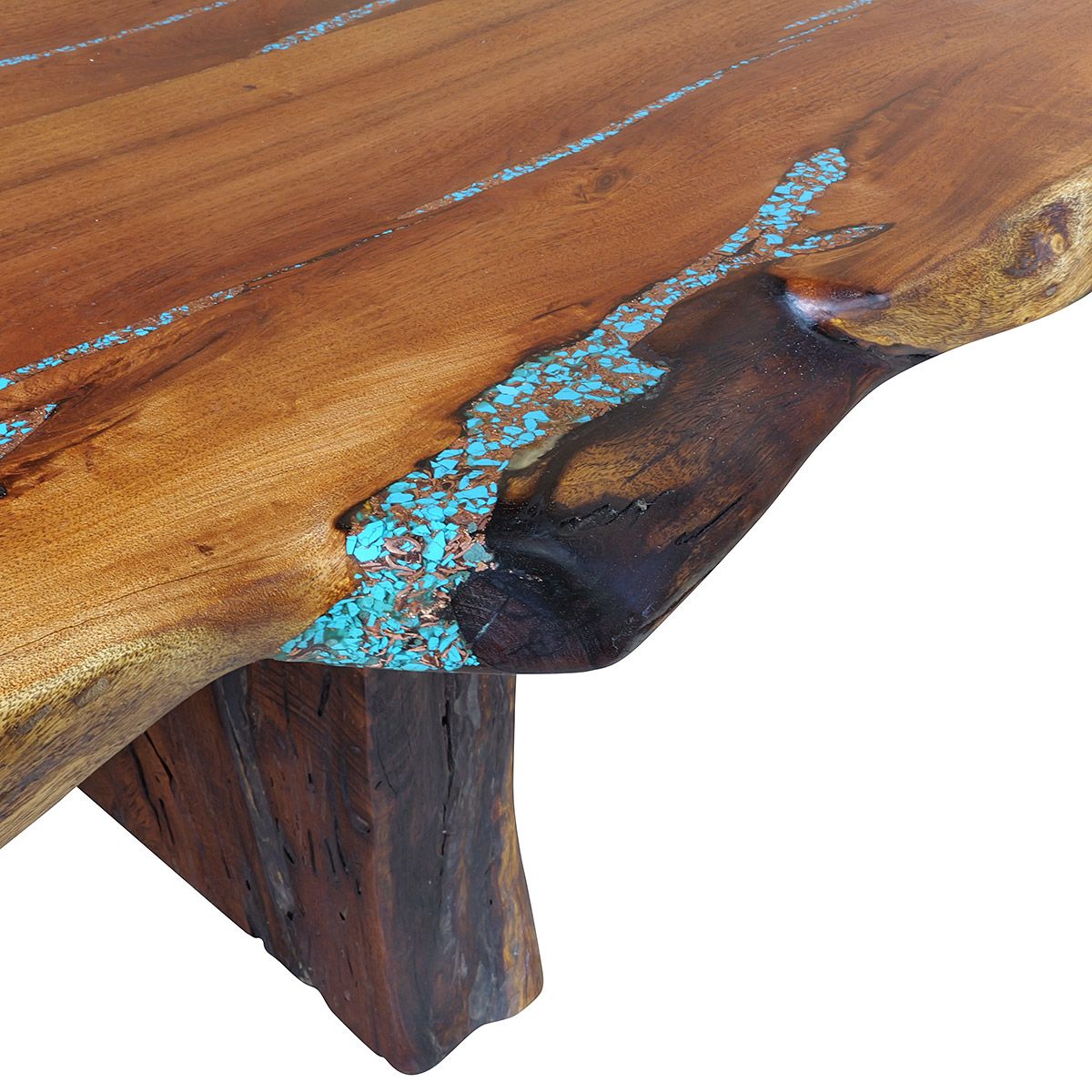 Free Form Mesquite Dining Table with Copper and Turquoise Inlay 86" x 46"