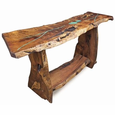 Free Form Slab Mesquite Sofa Table with Turquoise Inlay