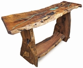 Free Form Slab Mesquite Sofa Table with Turquoise Inlay