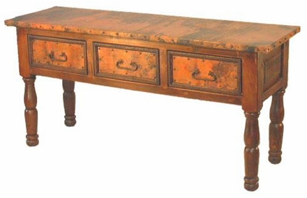 French 3-Drawer Wood Console with Copper