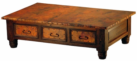 French 6-Drawer Wood Coffee Table with Copper