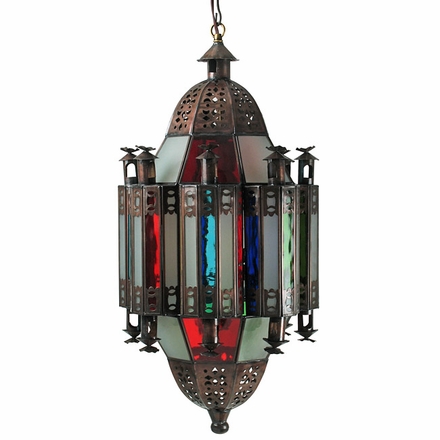 Gothic Column Hanging Light Fixture Tin and Colored Glass