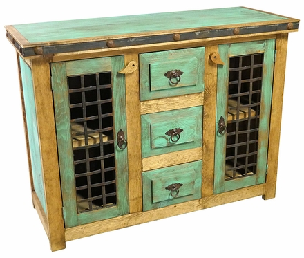 Green Painted Wood Buffet with Metal Lattice Doors