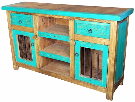 Green Painted Wood Buffet with Wrought Iron Bar Doors