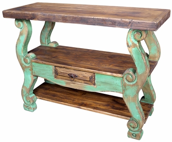 Green Painted Wood Console Table with Scroll Legs