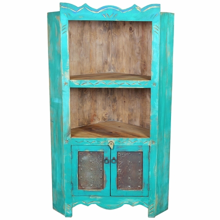 Green Painted Wood Corner Cabinet with Iron Doors