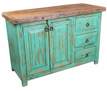 Green Painted Wood Farmhouse Buffet - 2 Doors & 3 Drawers
