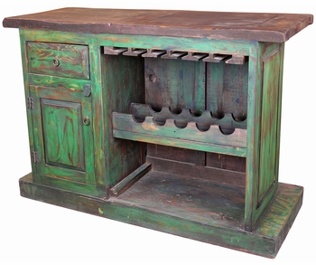 Green Painted Wood Rustic Bar with Wine Rack and Glass Holders