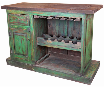 Green Painted Wood Rustic Bar with Wine Rack and Glass Holders