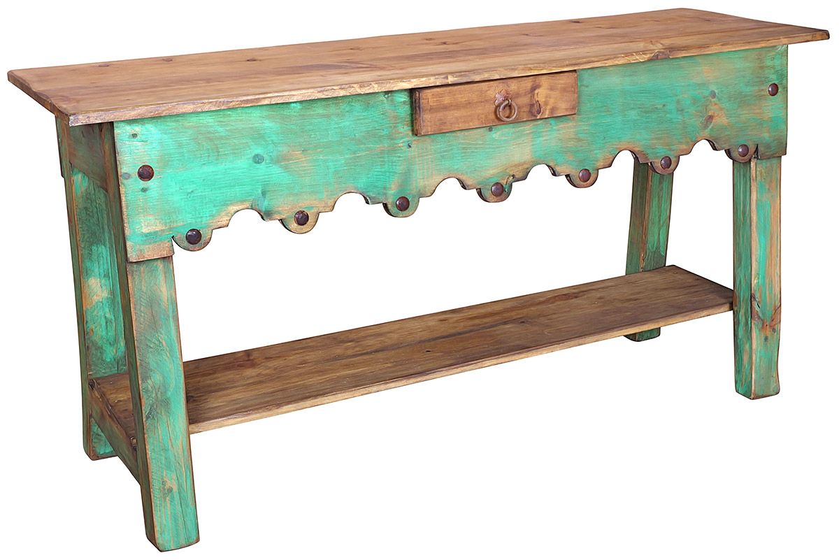 Green Painted Wood Sofa Table with Scalloped Edge