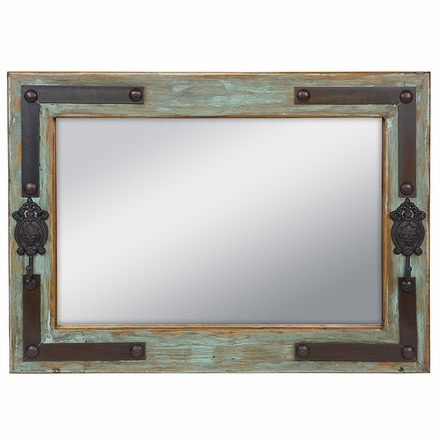 Green Paitina Rustic Wood Mirror With Iron Coat Hooks & Nailheads - 36