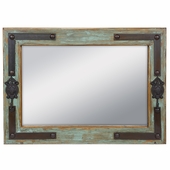 Green Paitina Rustic Wood Mirror With Iron Coat Hooks & Nailheads - 36" x 26"