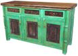 Green Patina Painted Wire Brush Buffet with with Ox Yoke Legs Iron Accents